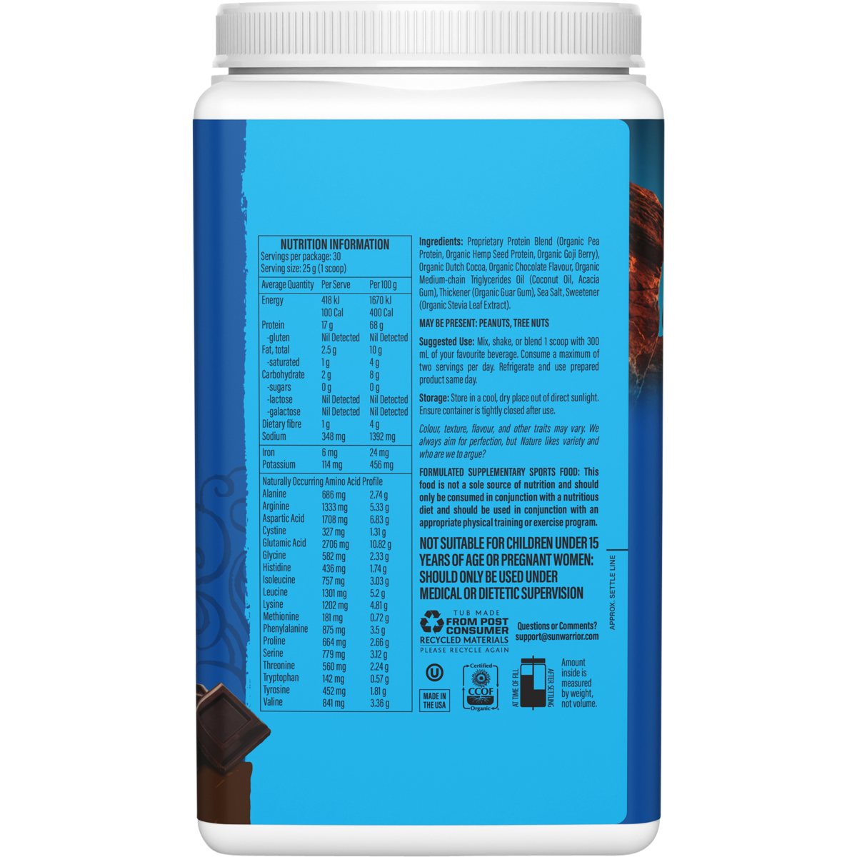 Right-side view of a 750g Sunwarrior Chocolate Protein tub showing product benefits and a USDA Organic logo.