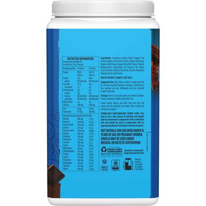 Right-side view of a 750g Sunwarrior Chocolate Protein tub showing product benefits and a USDA Organic logo.