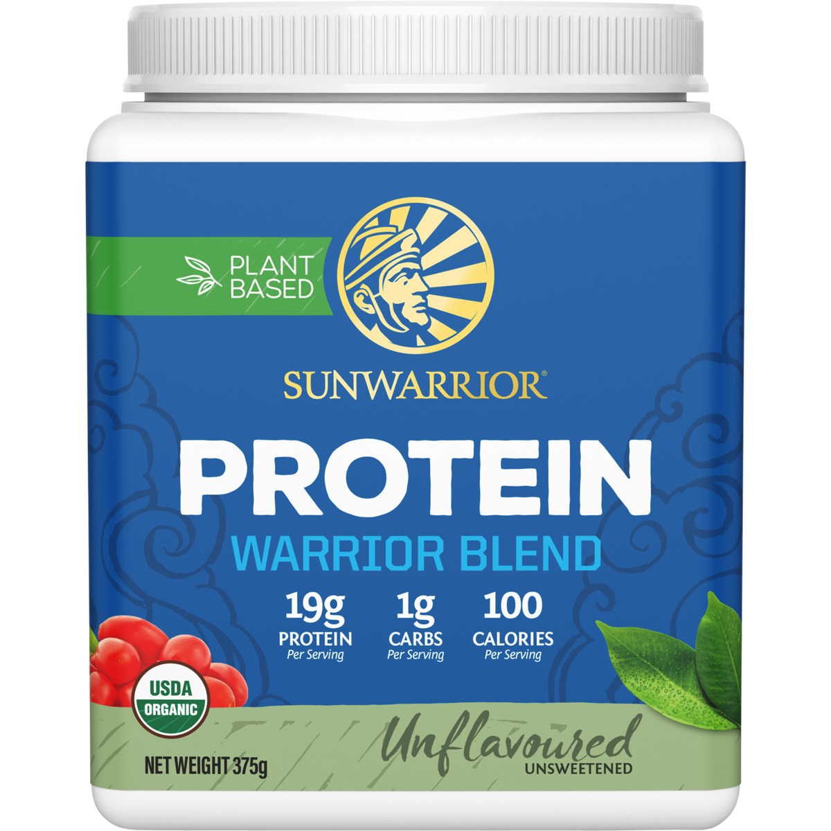 375g tub of Sunwarrior Warrior Blend Unflavoured plant-based protein powder with organic ingredients and BCAAs.