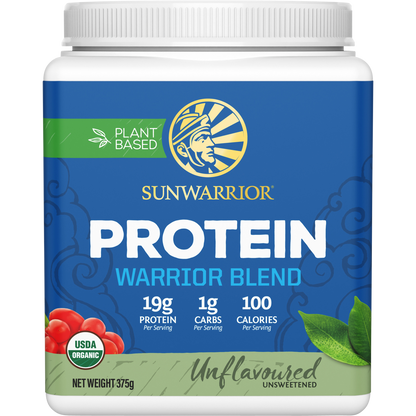375g tub of Sunwarrior Warrior Blend Unflavoured plant-based protein powder with organic ingredients and BCAAs.