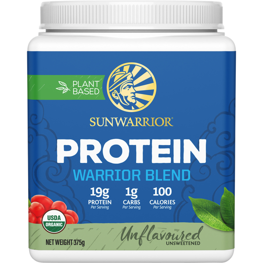 375g tub of Sunwarrior Warrior Blend Unflavoured plant-based protein powder with organic ingredients and BCAAs.