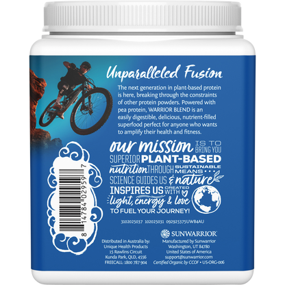 Back of Sunwarrior Warrior Blend Unflavoured 375g tub with nutrition facts, ingredients, and amino acid profile.