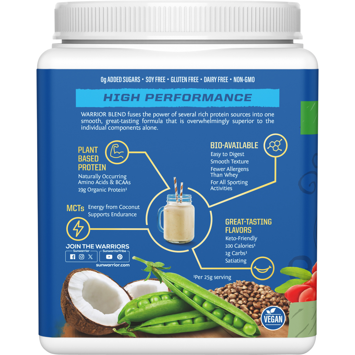 Side view of a 375g Sunwarrior Warrior Blend Unflavoured protein powder tub highlighting organic plant-based ingredients.