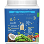 Side view of a 375g Sunwarrior Warrior Blend Unflavoured protein powder tub highlighting organic plant-based ingredients.
