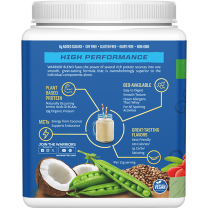 Side view of a 375g Sunwarrior Warrior Blend Unflavoured protein powder tub highlighting organic plant-based ingredients.