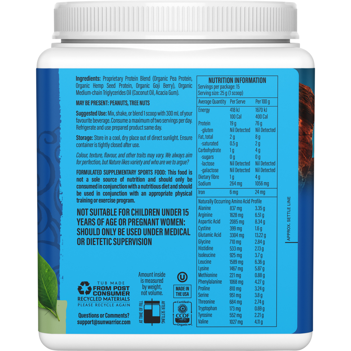 Right side of a 375g Sunwarrior Warrior Blend Unflavoured tub showing features like "MCTs" and "No Sugar Added."
