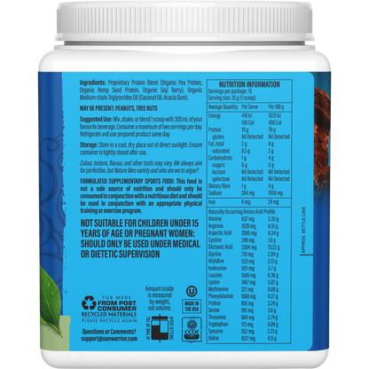 Right side of a 375g Sunwarrior Warrior Blend Unflavoured tub showing features like "MCTs" and "No Sugar Added."