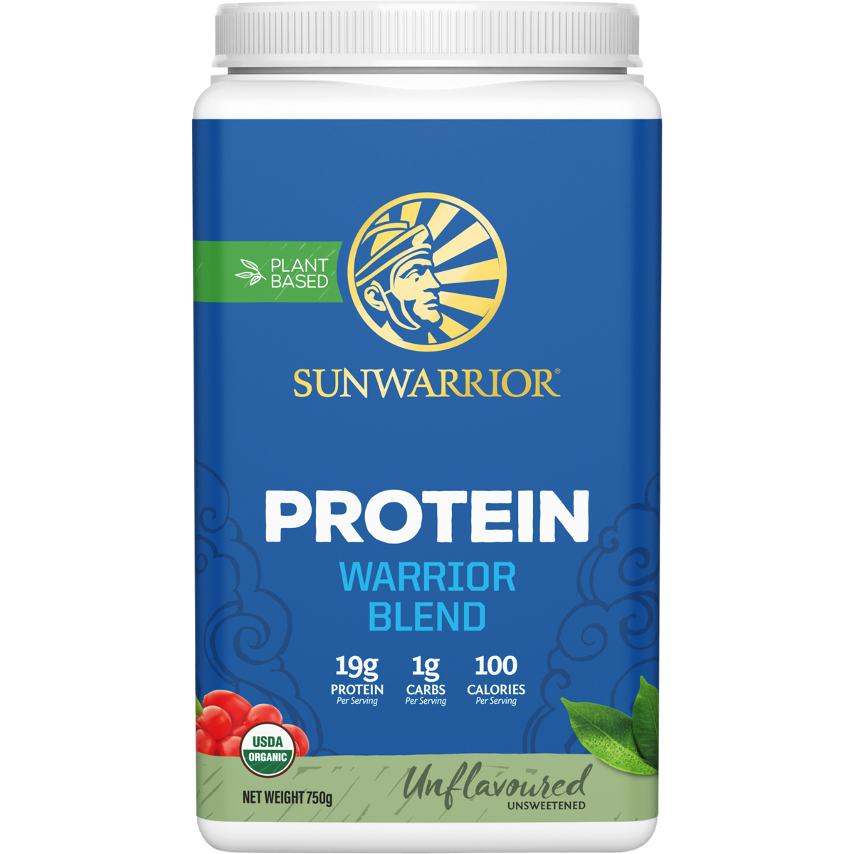 750g tub of Sunwarrior Warrior Blend Unflavoured protein powder featuring white and orange branding on a white background.