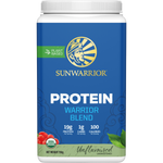 750g tub of Sunwarrior Warrior Blend Unflavoured protein powder featuring white and orange branding on a white background.