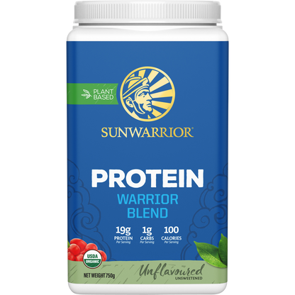 750g tub of Sunwarrior Warrior Blend Unflavoured protein powder featuring white and orange branding on a white background.