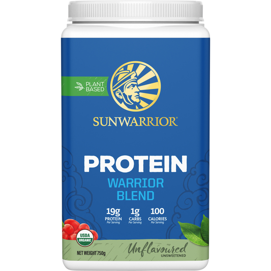 750g tub of Sunwarrior Warrior Blend Unflavoured protein powder featuring white and orange branding on a white background.