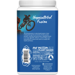 Back of a 750g Sunwarrior Warrior Blend Unflavoured protein powder tub showing nutrition facts and ingredients.