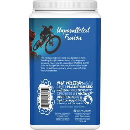 Back of a 750g Sunwarrior Warrior Blend Unflavoured protein powder tub showing nutrition facts and ingredients.