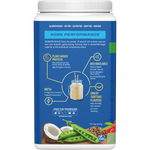 Left side of Sunwarrior Warrior Blend Unflavoured 750g tub with usage directions and clean plant-based protein logos.