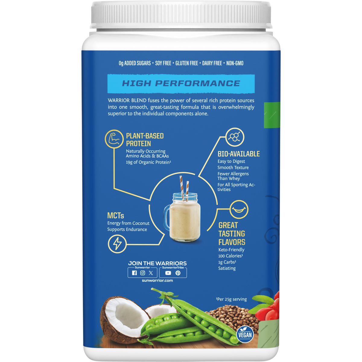 Left side of Sunwarrior Warrior Blend Unflavoured 750g tub with usage directions and clean plant-based protein logos.