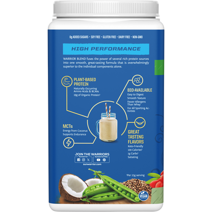 Left side of Sunwarrior Warrior Blend Unflavoured 750g tub with usage directions and clean plant-based protein logos.