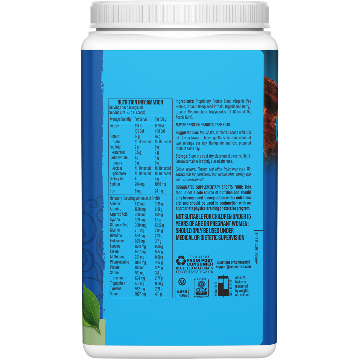 Side view of Sunwarrior Warrior Blend Unflavoured 750g tub highlighting organic and plant-based protein benefits.