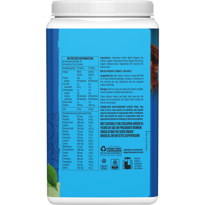 Side view of Sunwarrior Warrior Blend Unflavoured 750g tub highlighting organic and plant-based protein benefits.