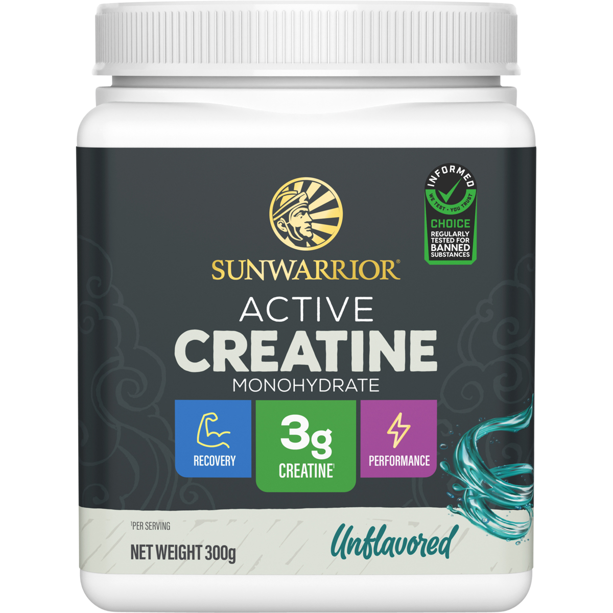 300g tub of Sunwarrior Active Creatine Monohydrate Unflavoured powder on a white background.