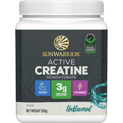 300g tub of Sunwarrior Active Creatine Monohydrate Unflavoured powder on a white background.
