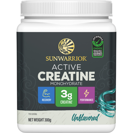 300g tub of Sunwarrior Active Creatine Monohydrate Unflavoured powder on a white background.
