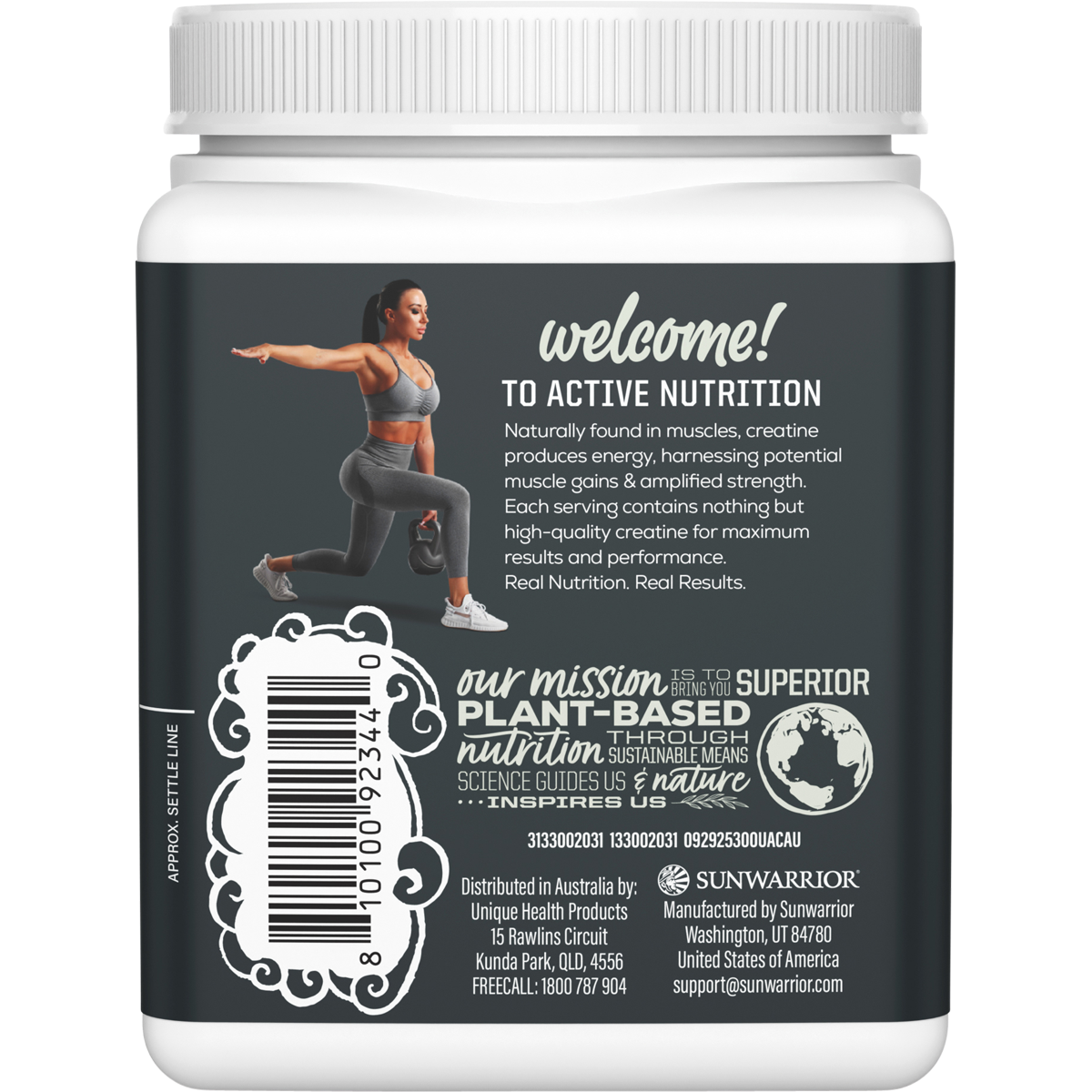Back of Sunwarrior Active Creatine 300g tub with supplement facts, ingredients, and storage instructions.