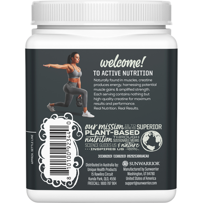 Back of Sunwarrior Active Creatine 300g tub with supplement facts, ingredients, and storage instructions.