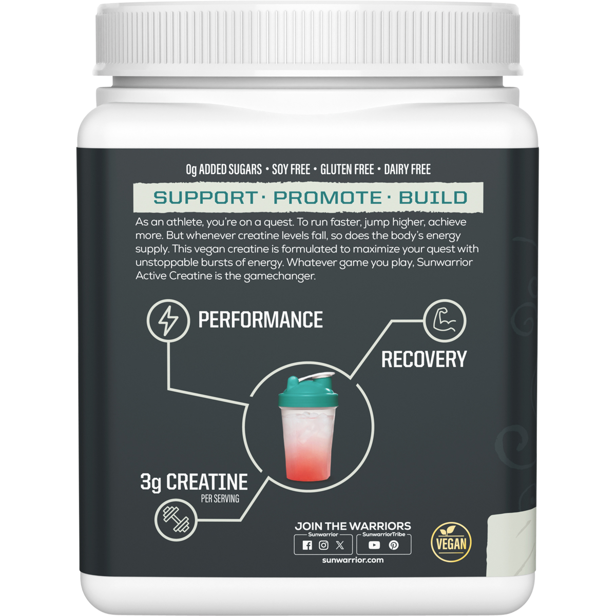 Left side of Sunwarrior Active Creatine 300g tub showing suggested use, cautions, and manufacturing details.