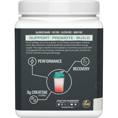 Left side of Sunwarrior Active Creatine 300g tub showing suggested use, cautions, and manufacturing details.