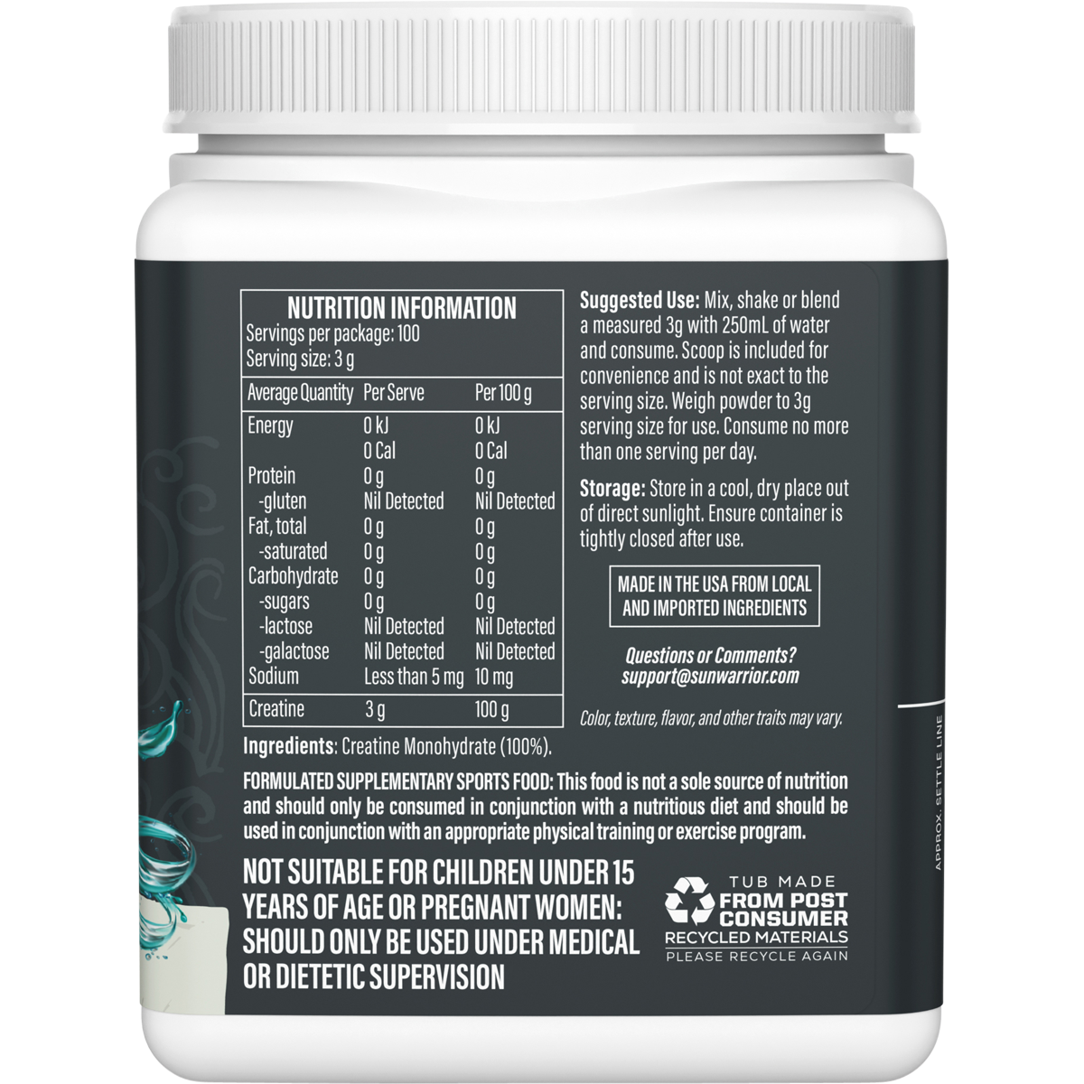 Right side of a Sunwarrior Active Creatine 300g tub showing benefits and dietary icons on a white background.