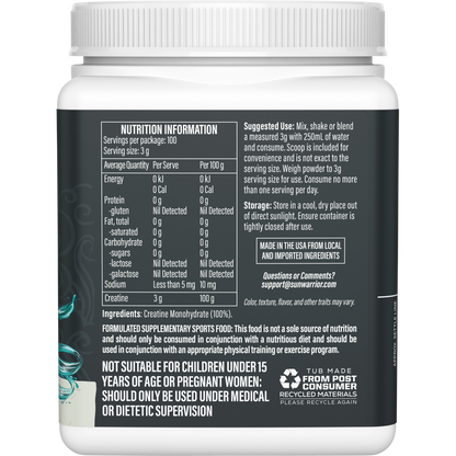 Right side of a Sunwarrior Active Creatine 300g tub showing benefits and dietary icons on a white background.