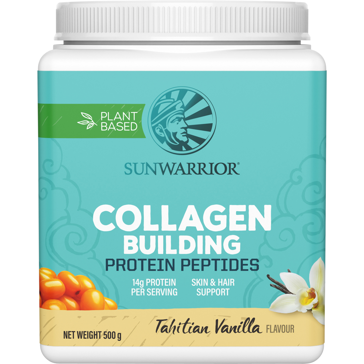500g tub of Sunwarrior Collagen Building Protein Peptides in Tahitian Vanilla flavor on a white background.