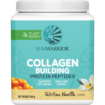 500g tub of Sunwarrior Collagen Building Protein Peptides in Tahitian Vanilla flavor on a white background.