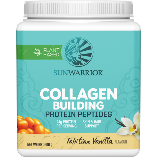 500g tub of Sunwarrior Collagen Building Protein Peptides in Tahitian Vanilla flavor on a white background.