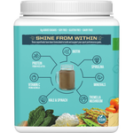 Left side of Sunwarrior Tahitian Vanilla Collagen 500g tub showing product features and brand mission.