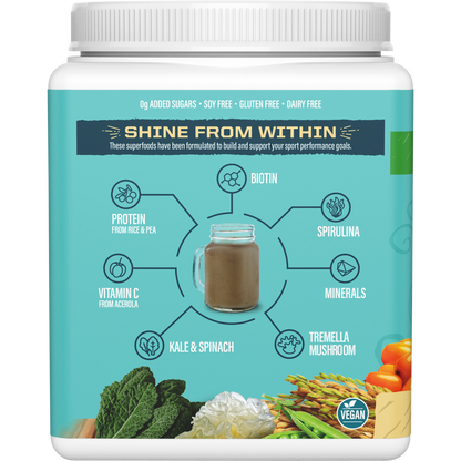 Left side of Sunwarrior Tahitian Vanilla Collagen 500g tub showing product features and brand mission.