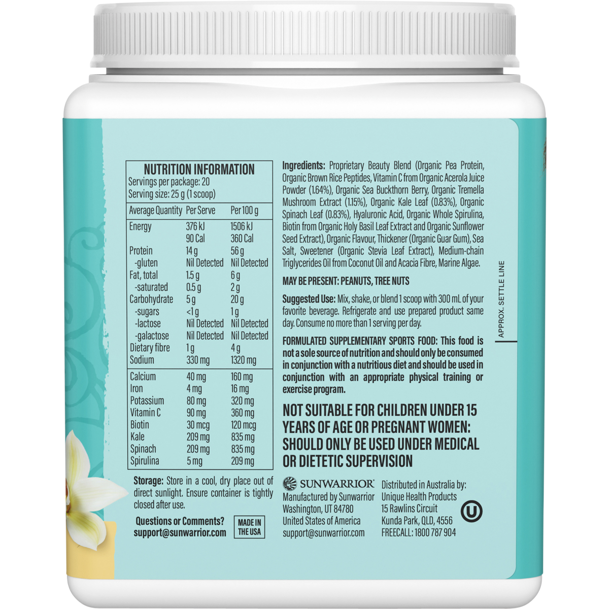 Right side of Sunwarrior Tahitian Vanilla Collagen 500g tub showing supplemental facts and directions.