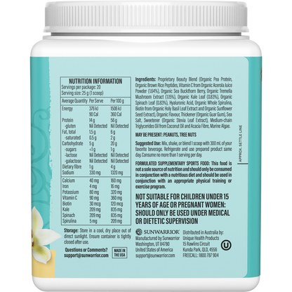 Right side of Sunwarrior Tahitian Vanilla Collagen 500g tub showing supplemental facts and directions.