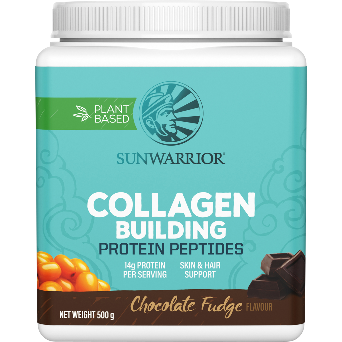 500g tub of Sunwarrior Collagen Building Protein Peptides in Chocolate Fudge flavor on a white background.