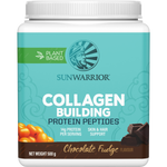 500g tub of Sunwarrior Collagen Building Protein Peptides in Chocolate Fudge flavor on a white background.