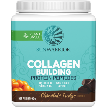 500g tub of Sunwarrior Collagen Building Protein Peptides in Chocolate Fudge flavor on a white background.