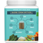 Left-side view of Sunwarrior Chocolate Fudge Collagen Building Protein Peptides tub highlighting product benefits.