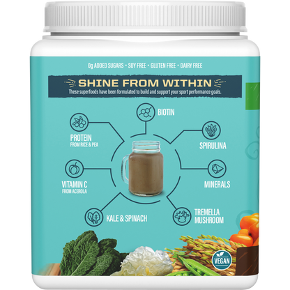 Left-side view of Sunwarrior Chocolate Fudge Collagen Building Protein Peptides tub highlighting product benefits.