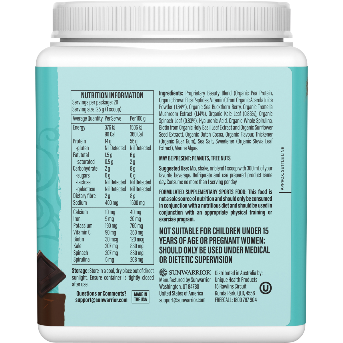 Right-side view of a 500g tub of Sunwarrior Chocolate Fudge Collagen Building Protein Peptides on a white background.