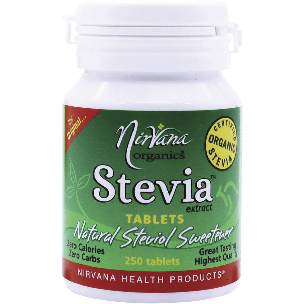 Nirvana Organics Stevia 250 Tablets bottle featuring 100% natural sweetener and a green leaf logo on a white background.