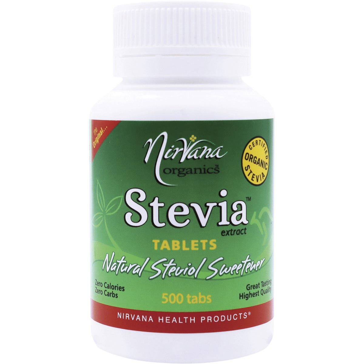 Nirvana Organics Stevia 500 Tablets in a white bottle with a green label and a convenient flip-top dispenser.
