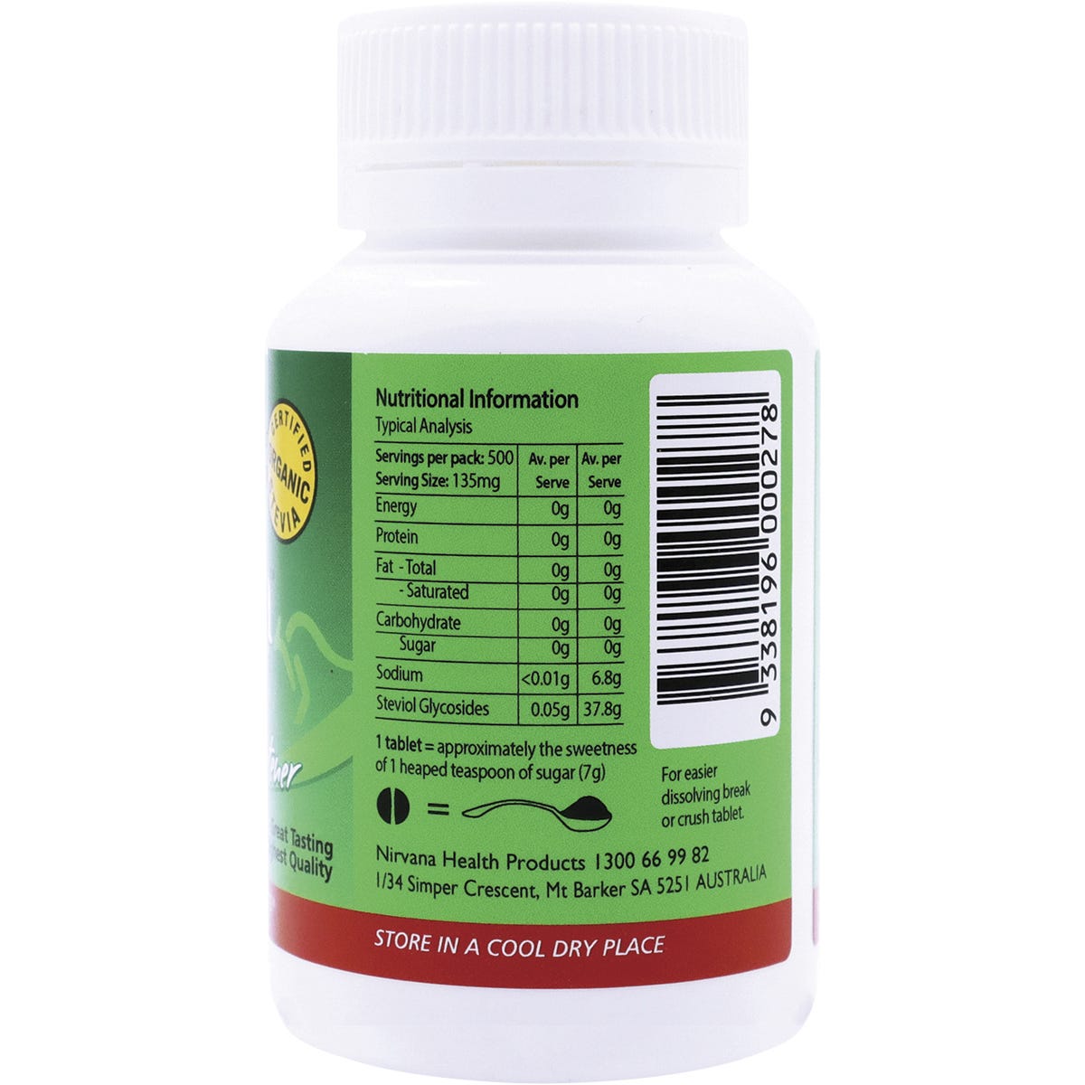 Right side of a Nirvana Organics Stevia 500 tablets bottle showing product information and nutritional facts.
