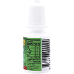 Right side of a Nirvana Organics 15ml Stevia Liquid bottle showing nutritional facts and a green and white label.