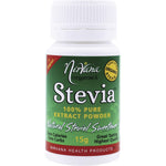 15g container of Nirvana Organics 100% Pure Stevia Extract Powder with a small measuring scoop on a white background.