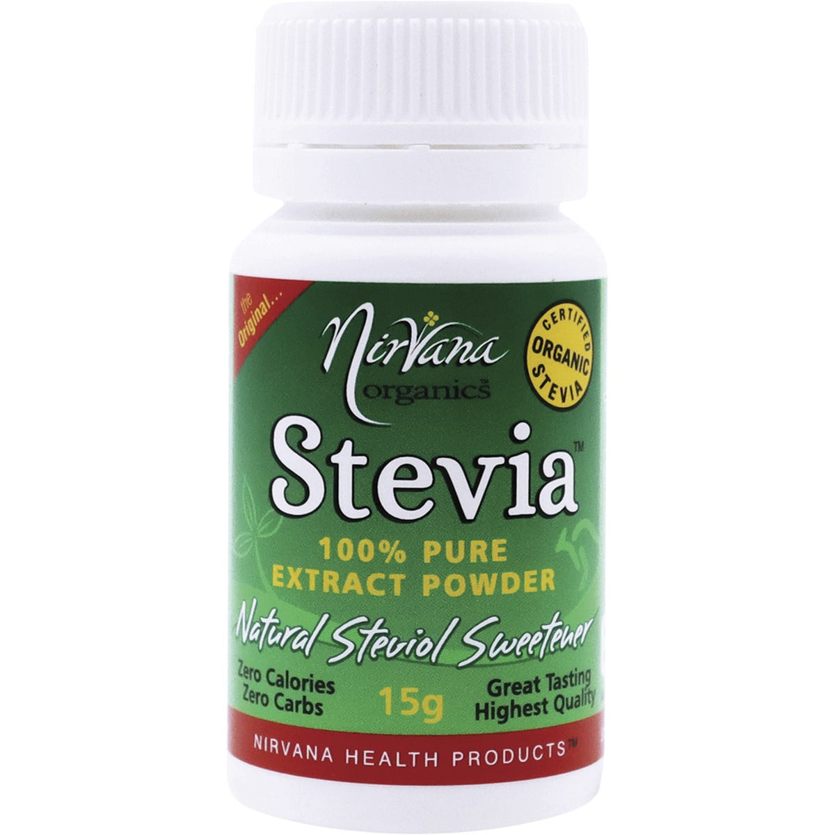 15g container of Nirvana Organics 100% Pure Stevia Extract Powder with a small measuring scoop on a white background.